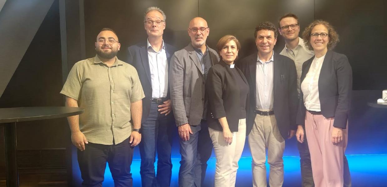 Ein Abend zu der Near East School of Theology in der Akademie: v.l.n.r. George Sahili, Andreas Goetze, Professor Martin Accad, Professorin Rima Nassrallah, Gaby Geagea, Helge Bezold, Annegreth Schilling I Foto: Saba Kerry
