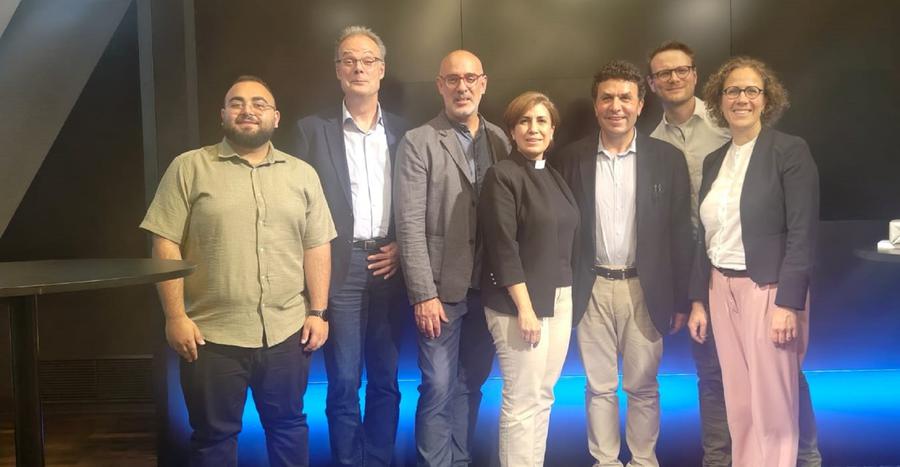 Ein Abend zu der Near East School of Theology in der Akademie: v.l.n.r. George Sahili, Andreas Goetze, Professor Martin Accad, Professorin Rima Nassrallah, Gaby Geagea, Helge Bezold, Annegreth Schilling I Foto: Saba Kerry