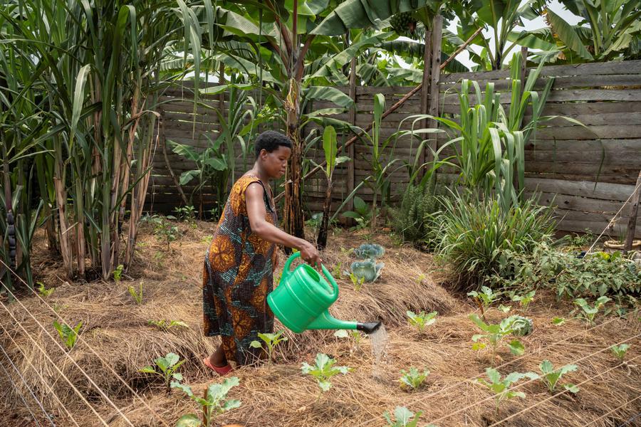 Joy Kamusiime, 38, bewässert den Gemüsegarten ihres Hauses im Dorf Kikunda 1 im Distrikt Rwampara. I Fotograf/Agentur: Siegfried Modola/Brot für die Welt