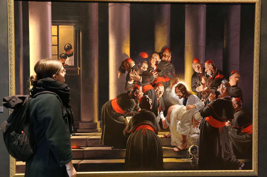 „Messias im Vatikan“: Gerhard Haderer beschäftigt sich in seinen Arbeiten oft mit Religion. | Foto: Thomas Rohnke, epd-Bild