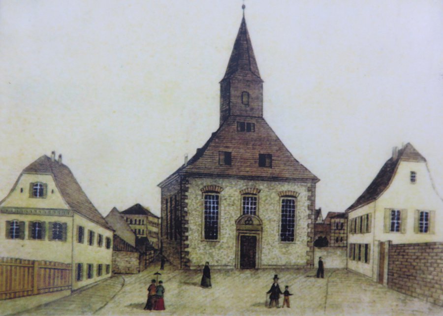 Glaubensflüchtlinge willkommen: die Alte Hugenottenkirche in Offenbach auf einer Zeichnung von 1854.