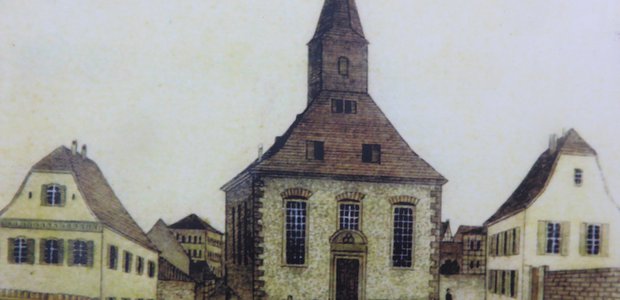 Glaubensflüchtlinge willkommen: die Alte Hugenottenkirche in Offenbach auf einer Zeichnung von 1854.