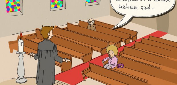 Predigt vor leeren Kirchenbänken: An vielen Sonntagen ist der Gottesdienstbesuch mäßig. | lllustration: Felix Volpp