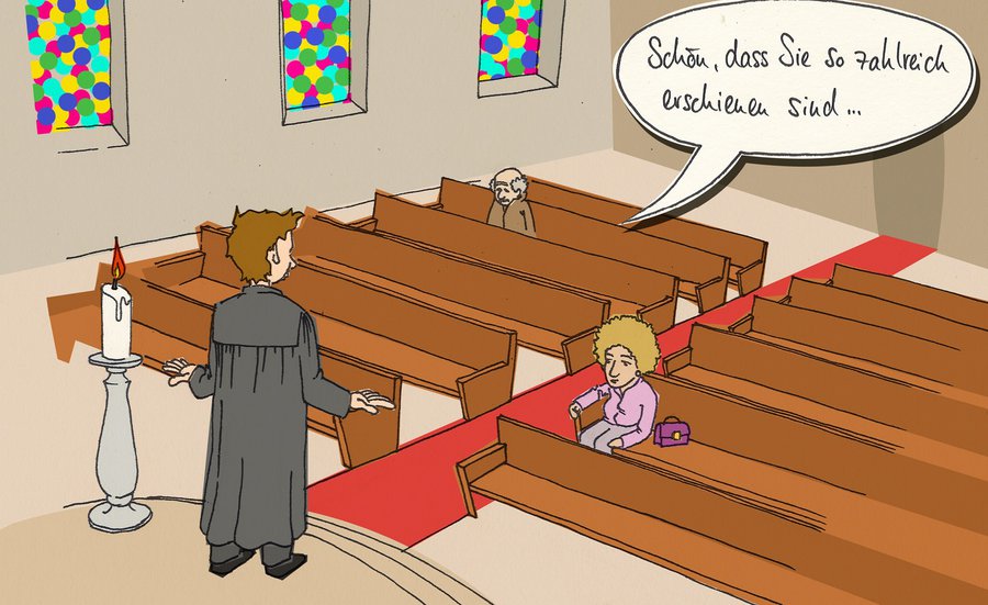 Predigt vor leeren Kirchenbänken: An vielen Sonntagen ist der Gottesdienstbesuch mäßig. | lllustration: Felix Volpp