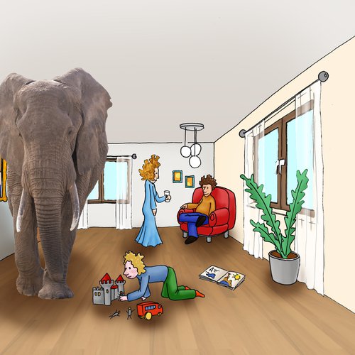 "Der Elefant im Raum" – Illustration/Collage für einen Artikel in der gedruckten Ausgabe von Evangelisches Frankfurt  |  Illustration & Gestaltung: Felix Volpp