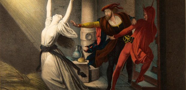 Faust und Mephisto bei Margaretha im Kerker. Lithographie von Joseph Fay (19. Jhd) | Wikimedia (cc)