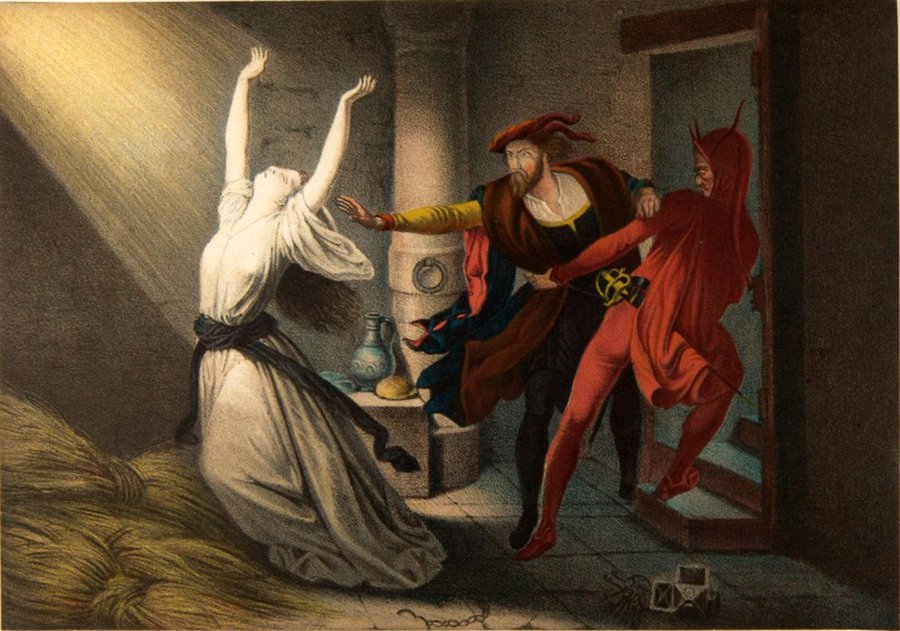 Faust und Mephisto bei Margaretha im Kerker. Lithographie von Joseph Fay (19. Jhd) | Wikimedia (cc)