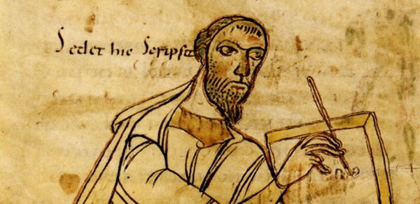 Schreibender Apostel Paulus: Aus einer Handschrift der Paulusbriefe, frühes 9. Jahrhundert. Württembergische Landesbibliothek Stuttgart |