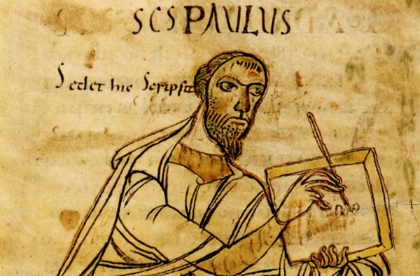 Schreibender Apostel Paulus: Aus einer Handschrift der Paulusbriefe, frühes 9. Jahrhundert. Württembergische Landesbibliothek Stuttgart |