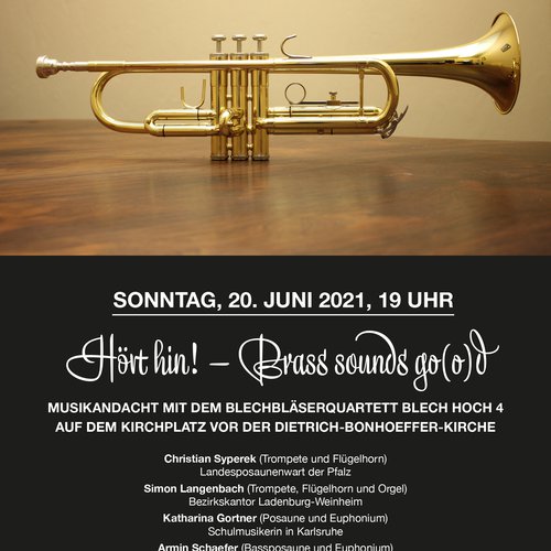 Plakat für ein Konzert des Blechbläserquartetts "Blech hoch 4" von Bonhoeffer Brass  |  Gestaltung: Felix Volpp