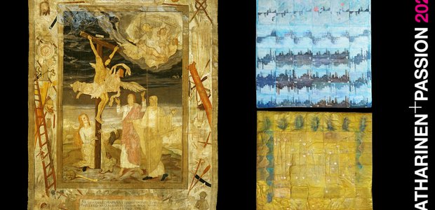 Das kleine Zittauer Fastentuch von 1573 (li.) und aktuelle Fastentücher der Künstlerin Gisela Hafer