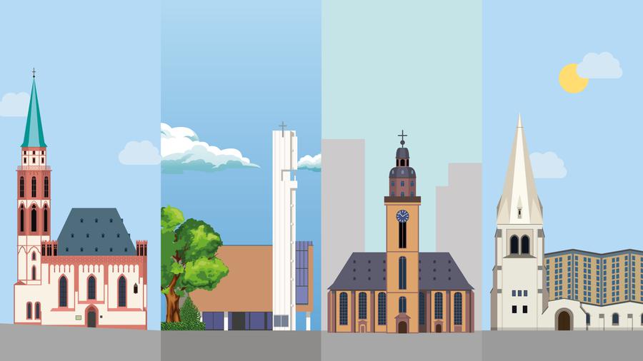 Ab 2027 gehören die Alte Nikolaikirche, die Gethsemanekirche, die St. Katharinenkirche und die Epiphaniaskirche zur Evangelischen Innenstadtgemeinde Frankfurt.  |  Illustration: Felix Volpp