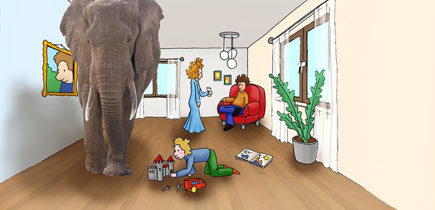 Der Elefant im Raum: Alle sehen ihn, niemand spricht darüber. So ist es oft auch mit dem Sterben. |  Illustration: Felix Volpp