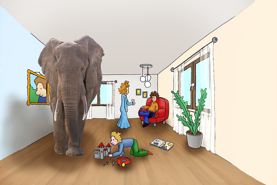 Der Elefant im Raum: Alle sehen ihn, niemand spricht darüber. So ist es oft auch mit dem Sterben. |  Illustration: Felix Volpp