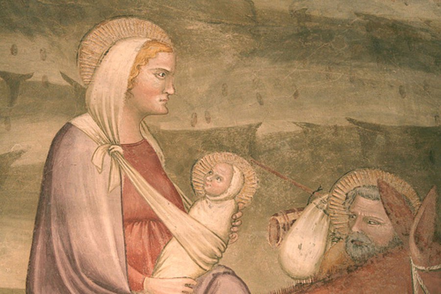 Maria, Jesus und Josef auf der Flucht nach Ägypten. Fresko in der Johanneskapelle des Dominikanerklosters Bozen. Foto: Claus Moser/Flickr.com