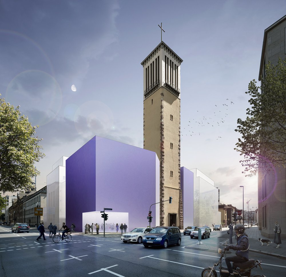 Die lila gefärbten Flächen zeigen, welches Volumen der Bau der Neuen Matthäuskirche haben kann. Wie die Kirche dann aussehen wird - dazu wird der Evangelische Regionalverband einen Architektenwettbewerb ausschreiben.